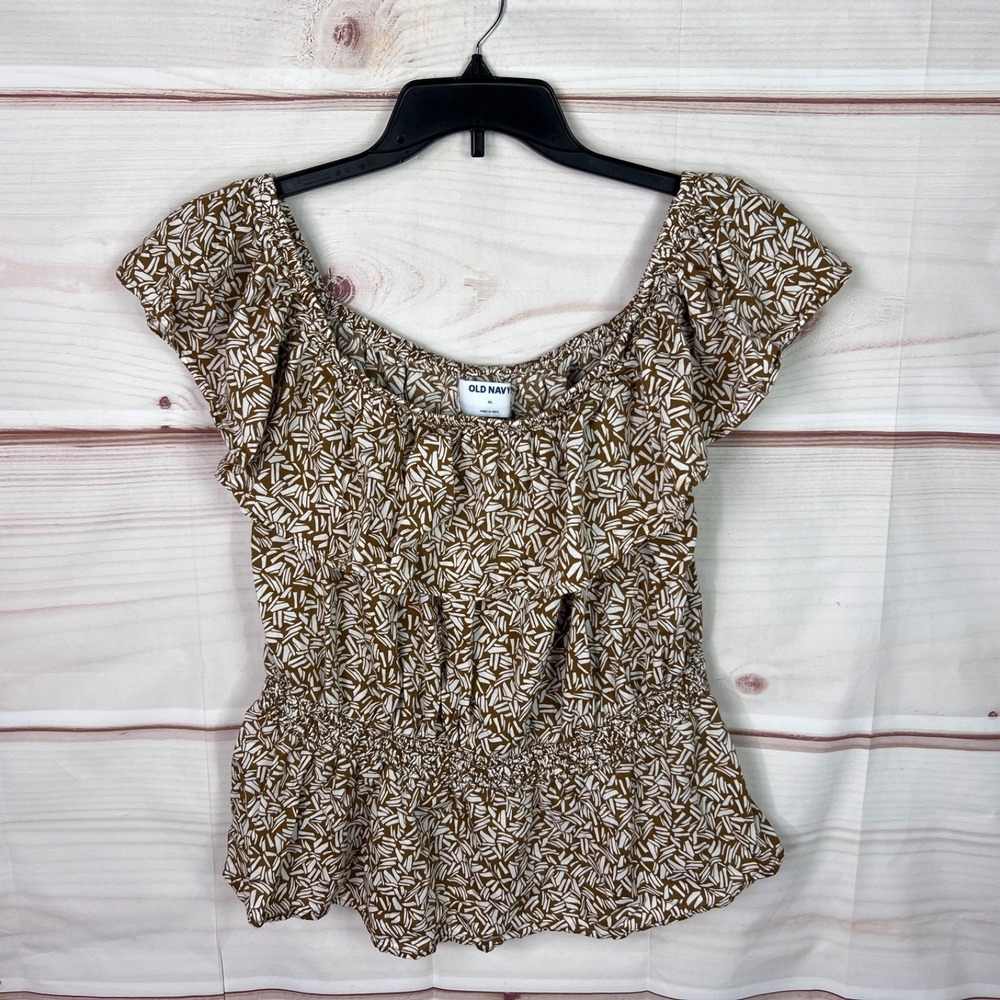 Old Navy Top Womens XL Brown Geometric Blouse Off The Shoulder Ruffle Pullover